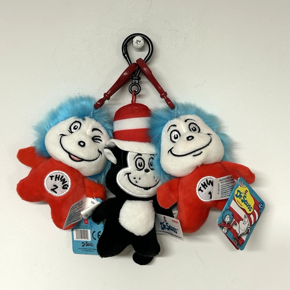 Dr Seuss Clip On Keychain Set Cat in the Hat Thing 1 Thing 2 Plush Aurora NWT